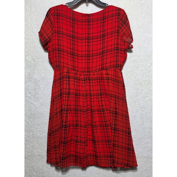 Old Navy Red Black Plaid Button Front V-Neck Short Sleeve Dress Medium M - Picture 2 of 9